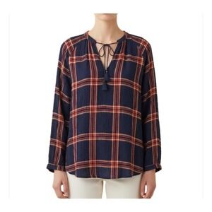 Lucky Blouse Top Women's 1X Multicolor Plaid Long Sleeve Tasseled Tied Neck